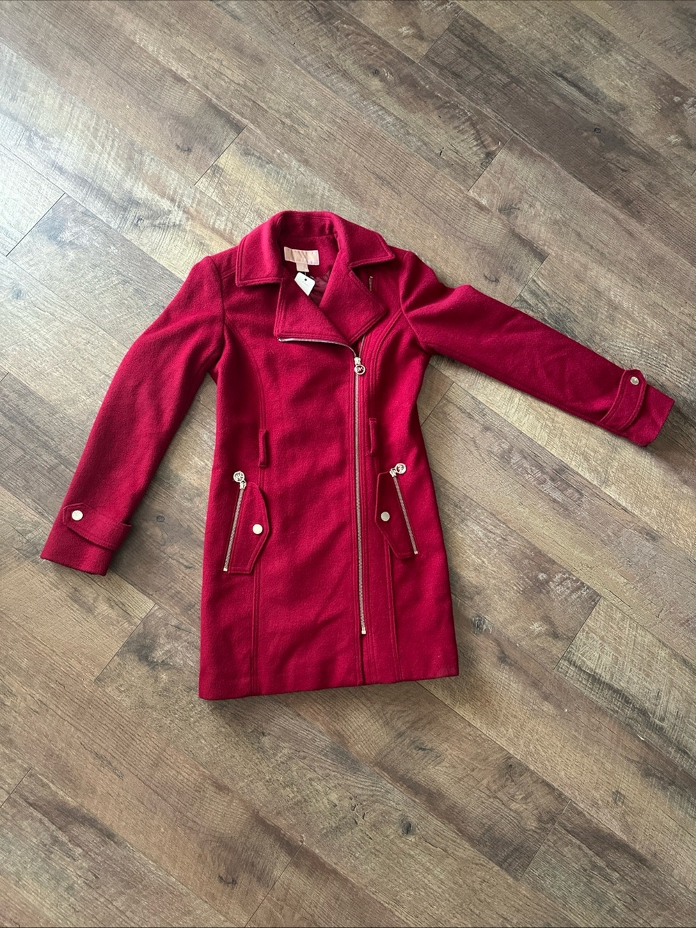 MICHAEL Michael Kors Red Asymmetrical Zip Pea Coat